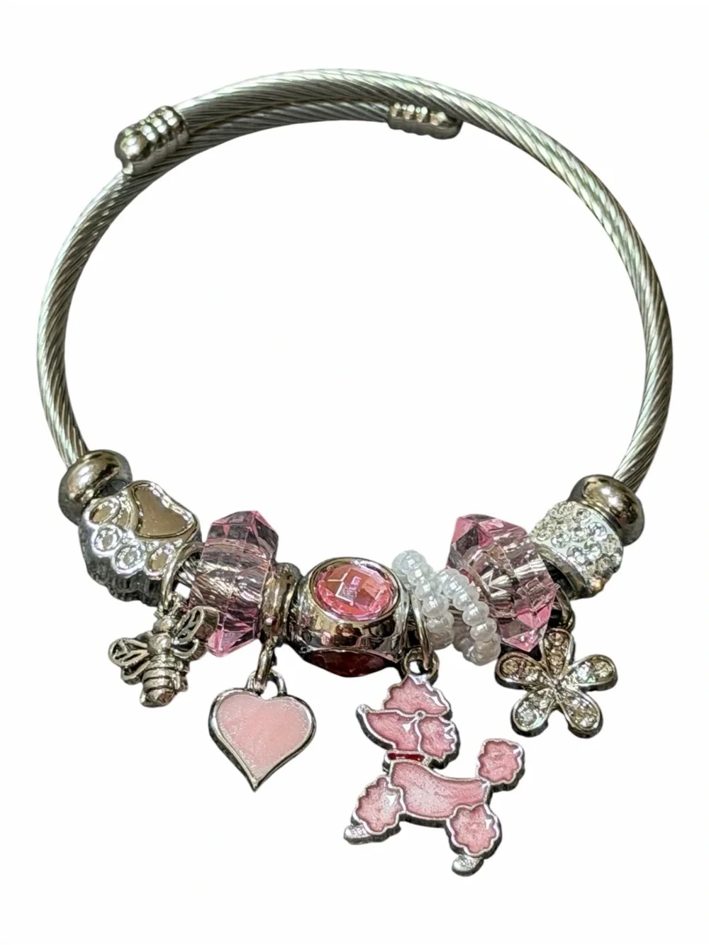 Pink Charm Adjustable Twisted Banglewith Enamel Heart & Poodle Charms